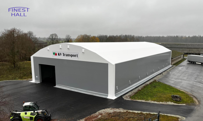 Finest-Hall Factory OÜ toodetud ja paigaldatud PVC hall mõõtudega 25x51m, kõrgusega 6,7 meetrit KV Transport OÜ-le.