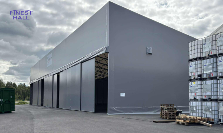 Finest-Hall Factory OÜ toodetud ja paigaldatud varikatus mõõtudega 15x49m, kõrgusega 6,5 meetrit Kierto Itä-Suomi Oy-le.