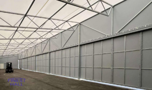 Finest-Hall Factory OÜ toodetud ja paigaldatud varikatus mõõtudega 8x42m, kõrgusega 6,8/5 meetrit Normet MRB Oy-le.