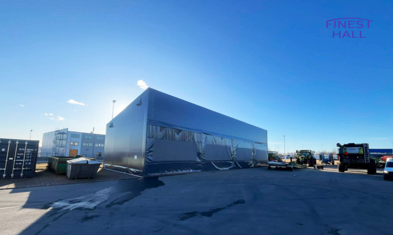 Finest-Hall Factory OÜ toodetud ja paigaldatud varikatus mõõtudega 10x28m, kõrgusega 7,6 meetrit Baltic Agro AS-le.