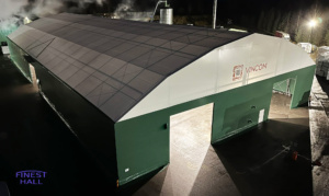 Finest-Hall Factory OÜ toodetud ja paigaldatud PVC hall mõõtudega 20x36m, kõrgusega 5,6 meetrit + varikatus mõõtudega 4x12m, kõrgusega 4 meetrit Soilfood Oy-le.