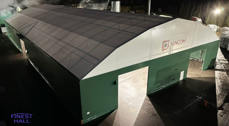 Finest-Hall Factory OÜ toodetud ja paigaldatud PVC hall mõõtudega 20x36m, kõrgusega 5,6 meetrit + varikatus mõõtudega 4x12m, kõrgusega 4 meetrit Soilfood Oy-le.