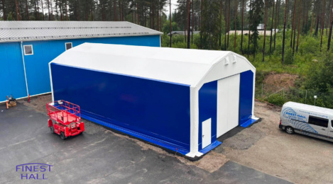 Finest-Hall Factory OÜ:n valmistama ja asentama pressuhalli, jonka mitat ovat 10 × 21 m ja korkeus 5 metriä, PP Maalaus Oy:lle.